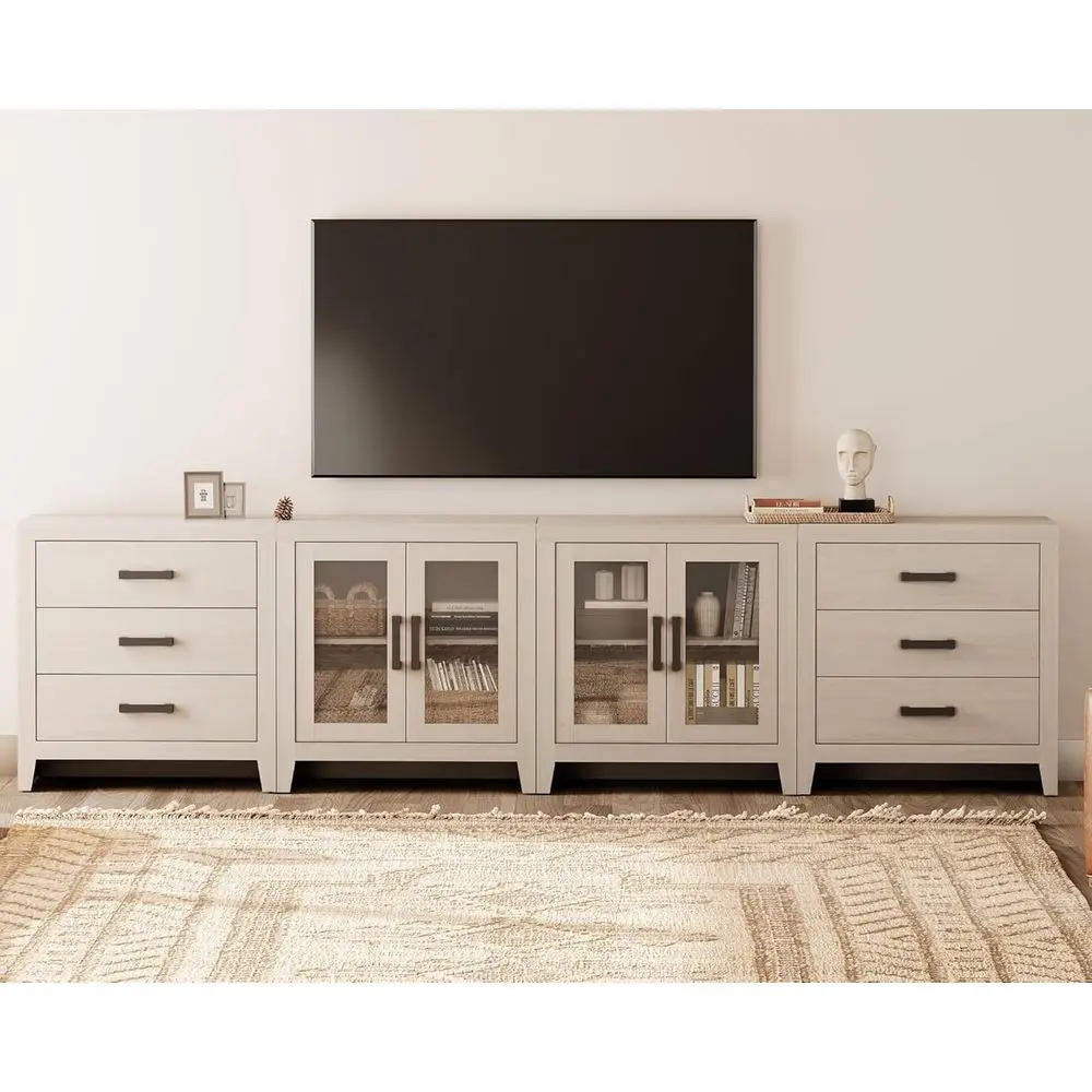

6-Drawer TV Stand with 2 Glass Doors, Modern Entertainment Center for Living Spaces, Beige