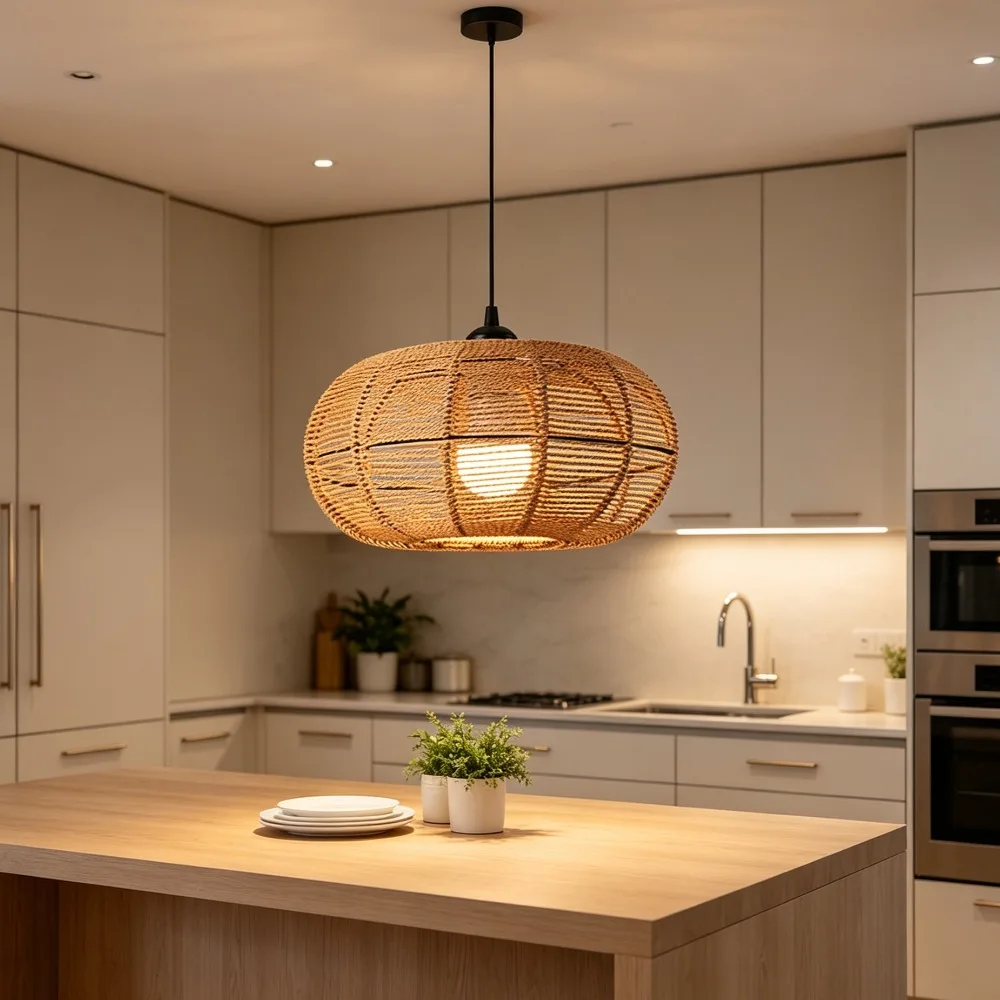 30CM Boho Paper Rope Lamp Shade Flush Mount Hanging Light Fixtures Rattan Pendant Lamp Covers for Kitchen Island Dinning Table