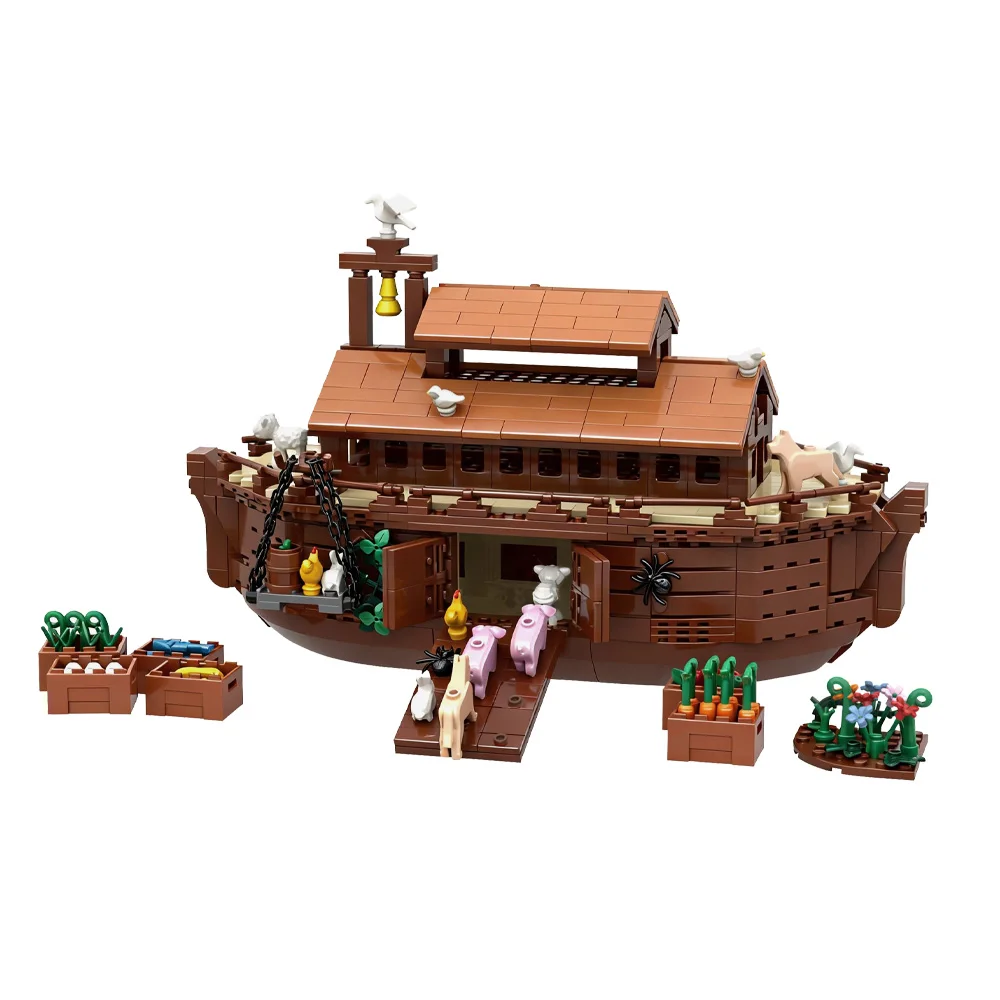 MOC Noahs Ark Modell Bausteine Mittelalterliche Schiff Religion Architektur Und Nette Mini Tiere Montage Ziegel Spielzeug Geschenk – Detail 6