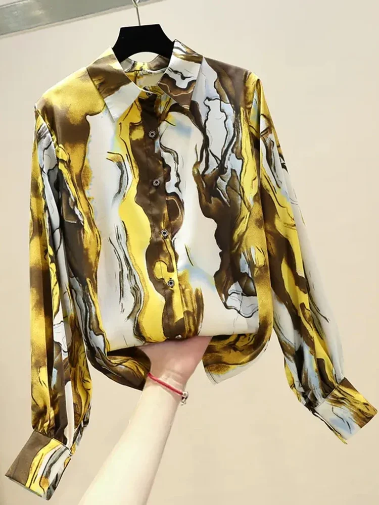 Spring Autumn New Fashion Western Style Loose Wild Abstract Ink Painting Printed Satin Blouse Women Long-sleeved Shirt Top UK348