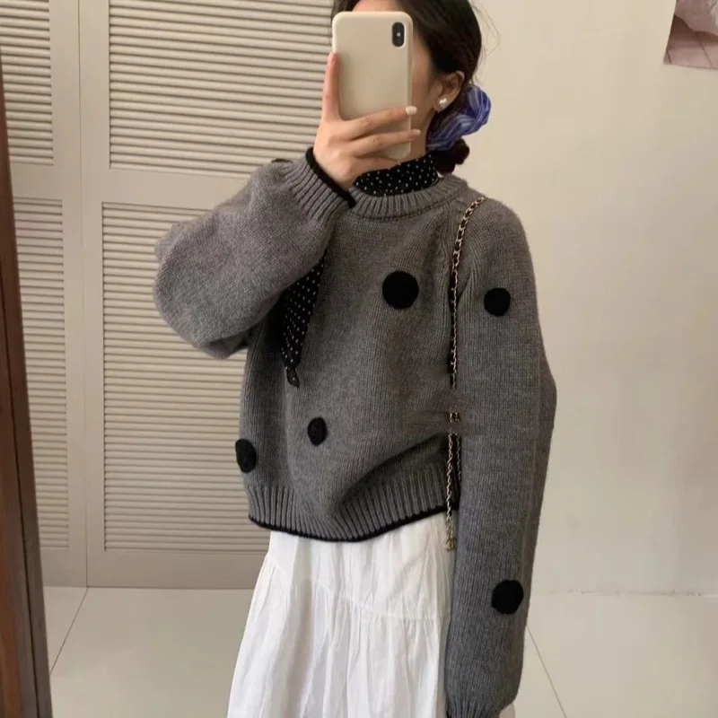 

Korean Style Loose Fit Thickened Lazy Fashion Large Polka Dot Knitted Sweater Women's Gentle Style round Neck Long Sleeve Top