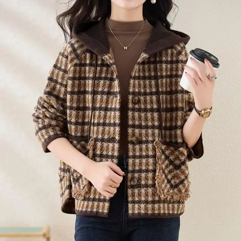 

Новое свободное повседневное клетчатое пальто с капюшоном на весну, осень-зиму, короткое и плотное женское шерстяное пальто, верхняя женская куртка, пальто
