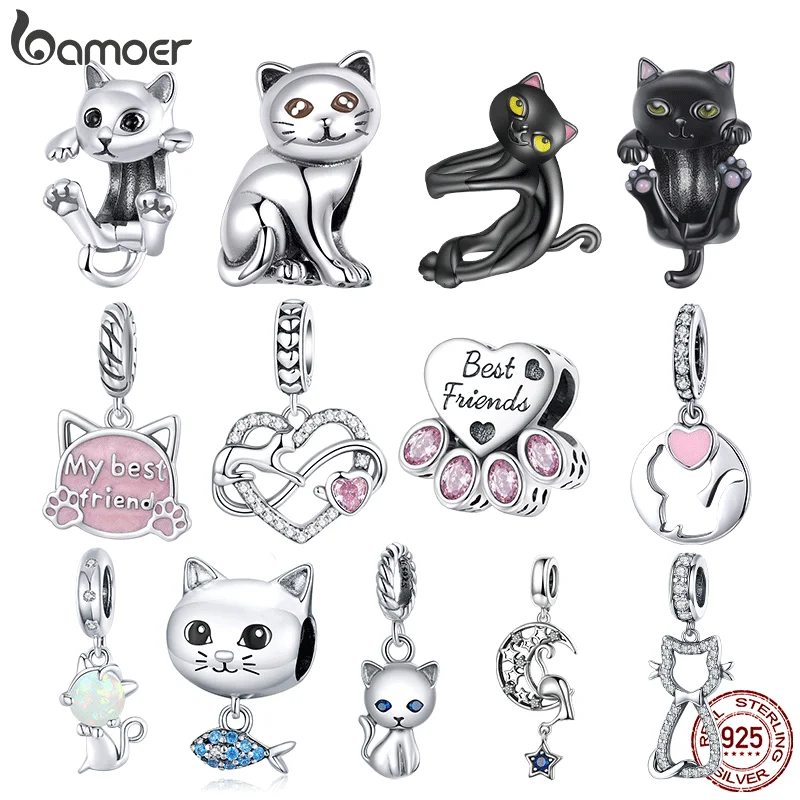 Bamoer-abalorio de plata de ley 100% 925 con forma de gato, accesorio para pulsera y brazalete femenino, cuentas originales, fabricación artesanal de joyería fina