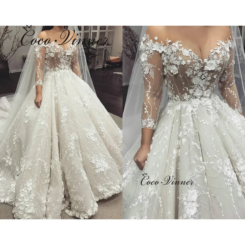 

Customized 3D Foral Lace Appliques Luxury Wedding Dresses Court Train Long Sleeves Princess Style Wedding Dress Women W1360