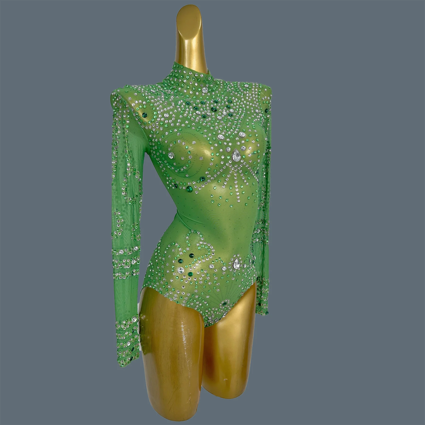 انظر من خلال بدلة الجسم الشبكية الخضراء سباركلي حجر الراين النساء ملابس الرقص فتاة الإستعراض طويلة الأكمام مثير ملهى ليلي تظهر الزي الطرف Jinse #3