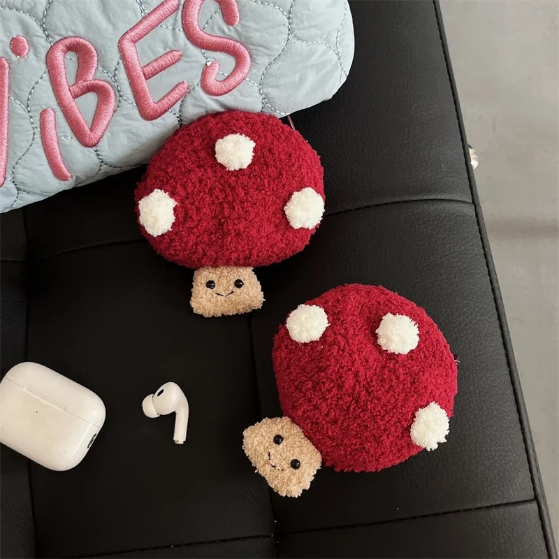 Plush Cute Red Mushroom Anti Drop Wireless Bluetooth Earphone Case Suitable for Airpods1/2/3/4/pro Fashion Earphone Accessories