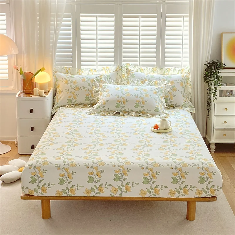 Bonenjoy 1 pc 100%Cotton Fitted Sheet Floral Flower Printed Bed Cover with Elastaic Queen/King Size Bed Fitted Sheet 180x200cm