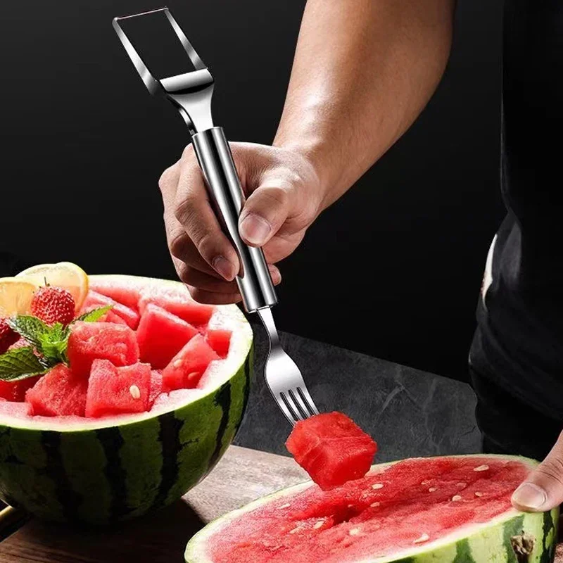 2-In-1 Watermelon Fork Slicer Watermelon Slicer Cutter Stainless Steel Fruit Fork Fruits Tools for Kitchen Family Party Camping