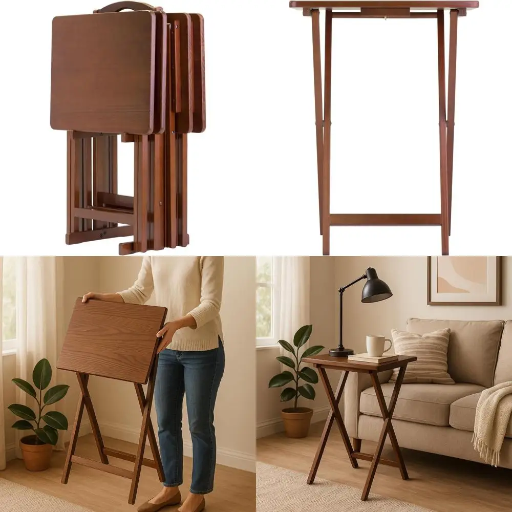 

Solid Wood 5-Piece Foldable Snack Table Set with Storage Rack and Lacquered Finish