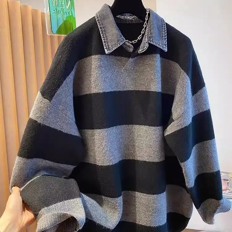 

Мужская свободная вязаная рубашка в полоску с эффектом двухслойности, комфортная, в стиле кэжуал, больших размеров, премиум-класса, осенне-зимняя