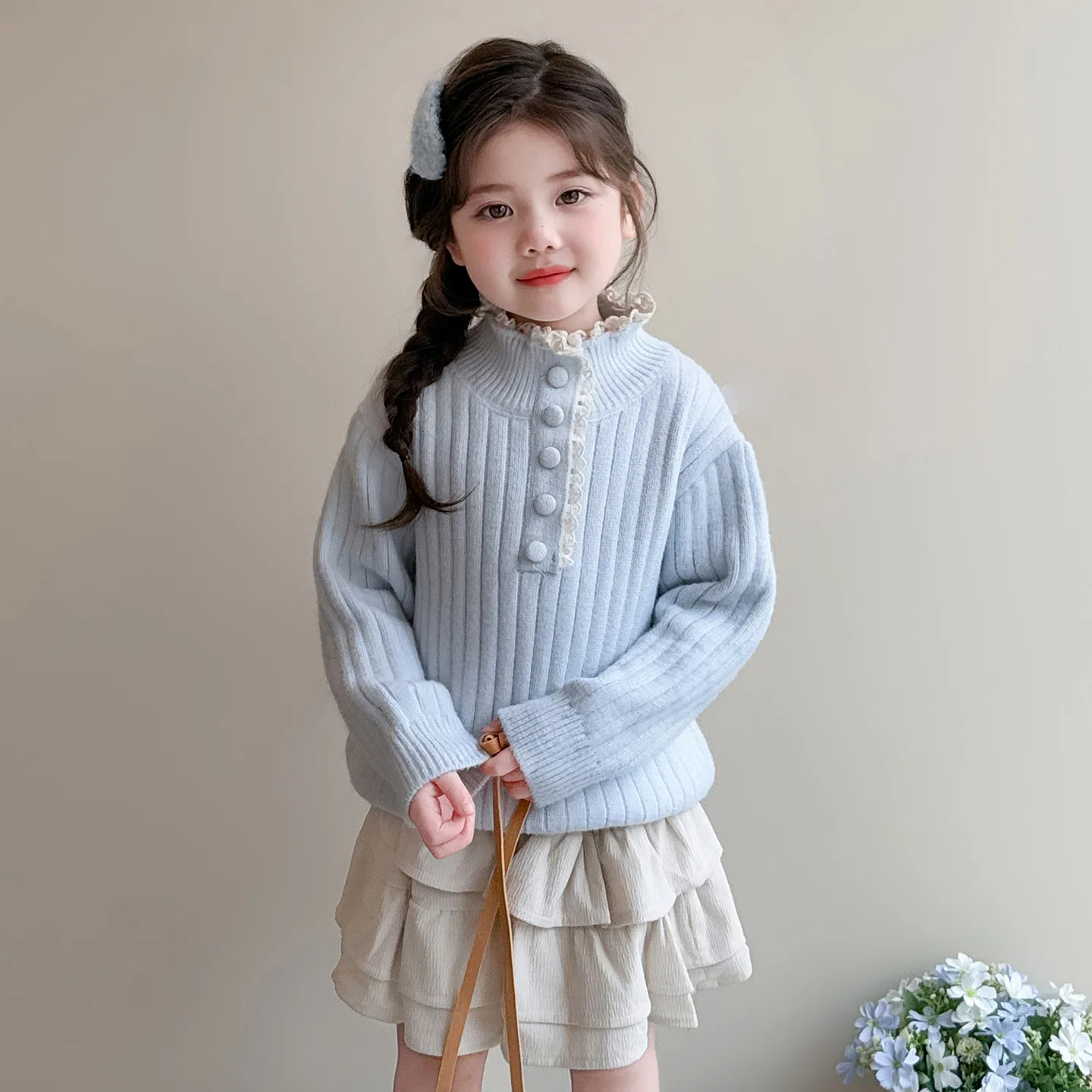 

UNITIM свитер для маленьких девочек с воротником-стойкой, утепленный теплый трикотаж для маленьких девочек, зимние детские пуловеры в вертикальную полоску