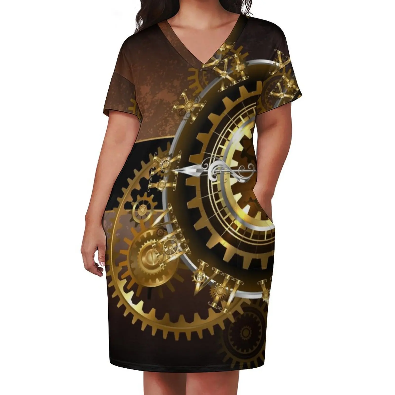 Clock with Gears ( Steampunk Clock ) Loose Pocket Dress Aesthetic clothing women's summer jumpsuit