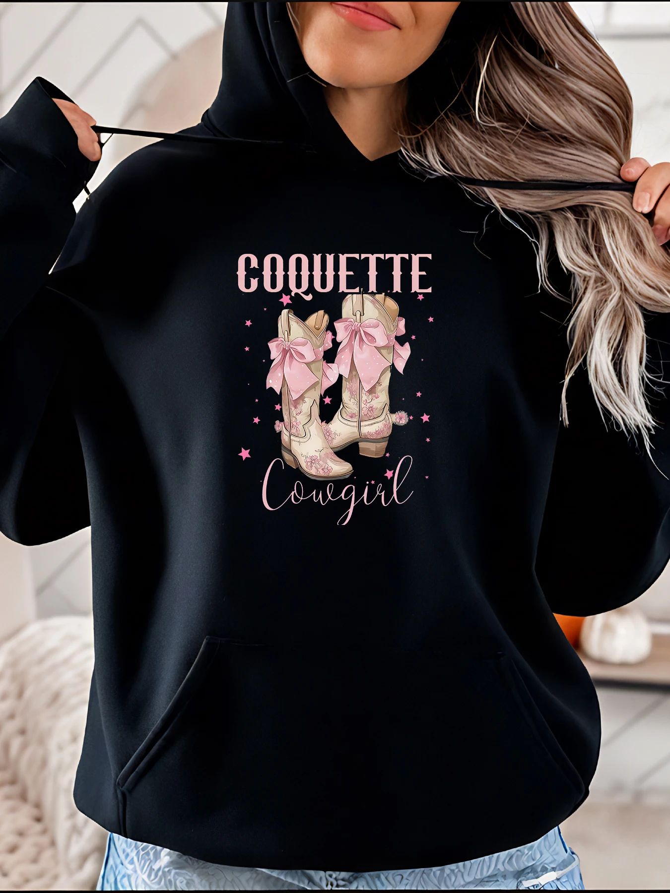 

Кокетка с капюшоном в стиле пастушки, розовые ковбойские сапоги, женская повседневная толстовка с принтом, модный пуловер, осенне-зимний наряд