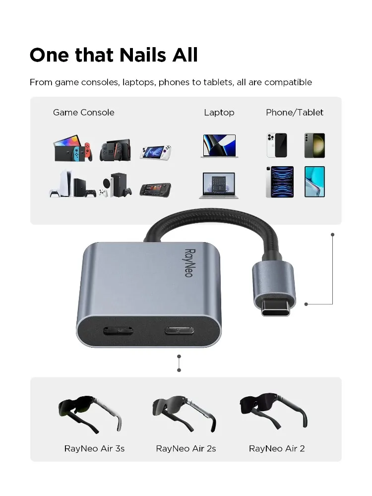 

Адаптер RAYNEO USB-C для быстрой зарядки PD для умных очков RayNeo Air AR, совместимый с устройствами iPhone 16/15 с интерфейсом Type-C