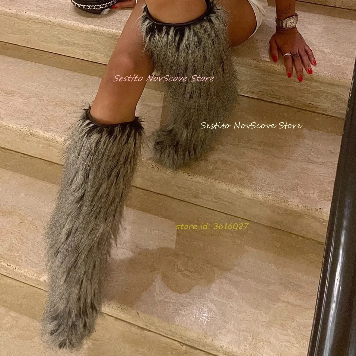 Botas hasta la rodilla peludas de imitación, tacones altos de aguja con punta puntiaguda, botines largos clásicos sexis de piel para mujer, zapatos de fiesta de otoño