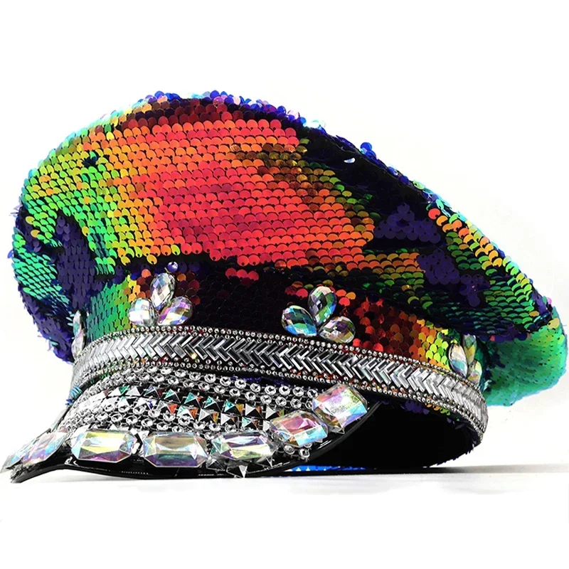 

Colorful Sequins & Diamond Luxury Cap for Sailor Captain Sergeant Army Wives Military Hat Women Birthday Festival Party Photo