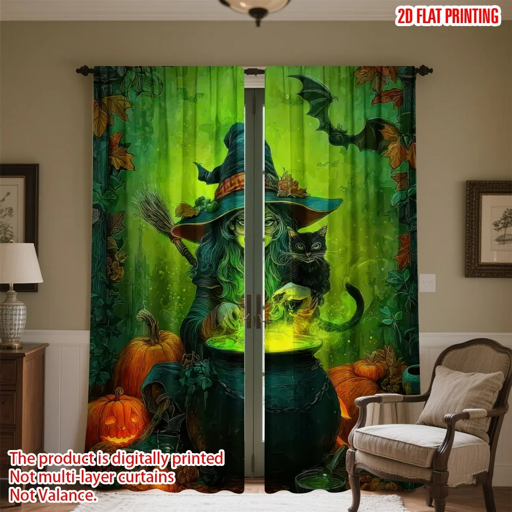 

2D flat printing 2pcs Drapes Halloween Witch with Cat Digital Printed Polyester Drapes Family Party Use for Photo Booths &