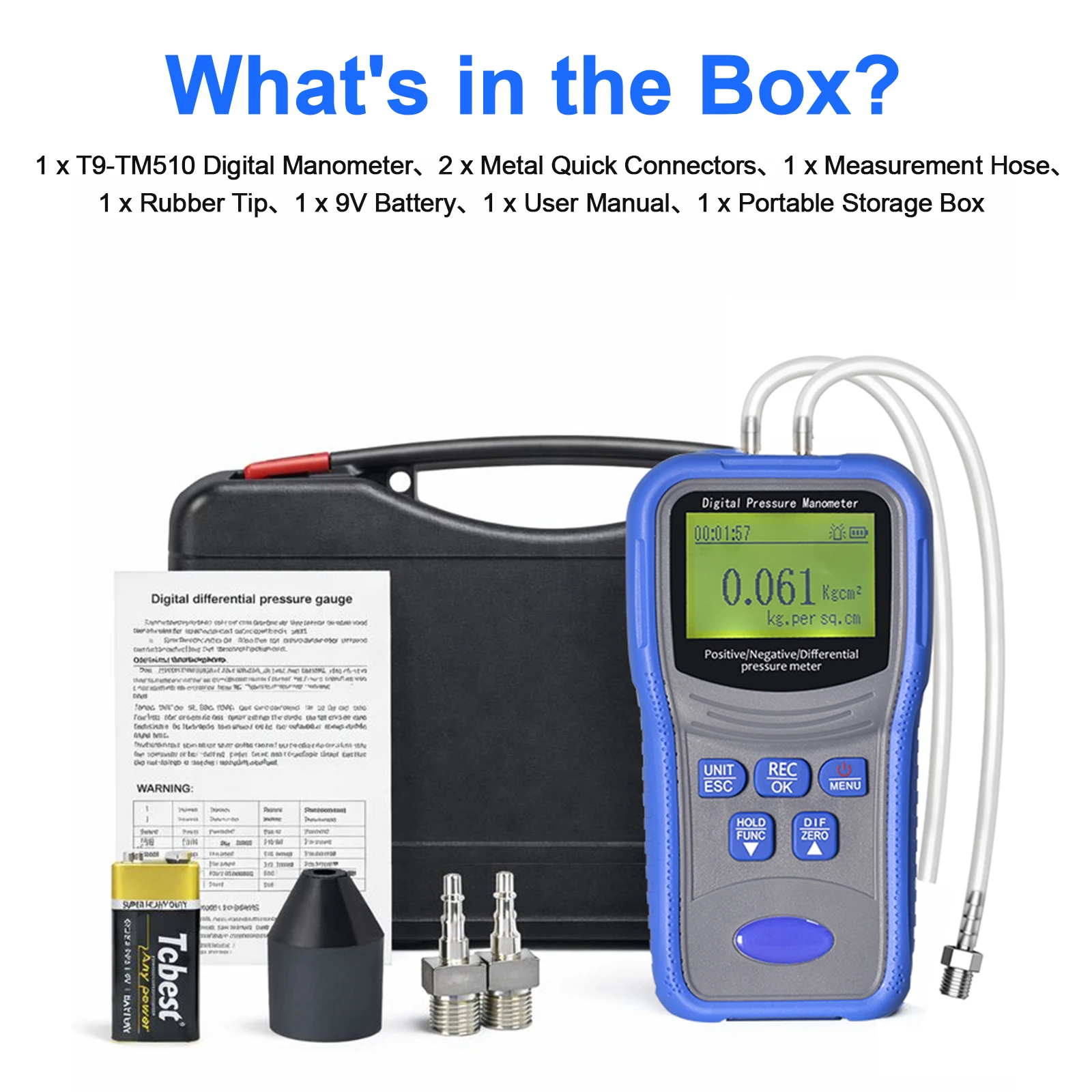 Differential Pressure Gauge ±10KPa Manometer 12 Units Air Velocity Meter 50 Data for HVAC Filter Maintenance
