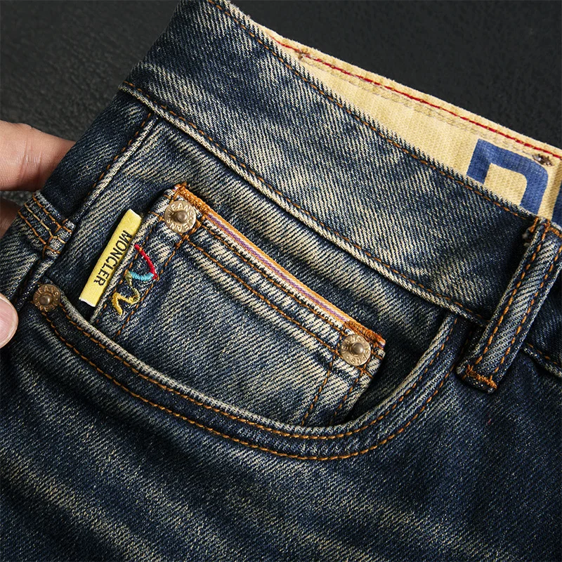 High end retro light luxury jeans for men's casual, versatile, washed, elastic, slim fit, small straight leg, classic and trendy
