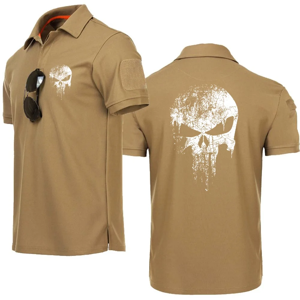 Mens Polo Punisher Skull 3D Military Style Shirts Hunting Fishing Sportswear Stretch Breathable Short Sleeve Men Clothing