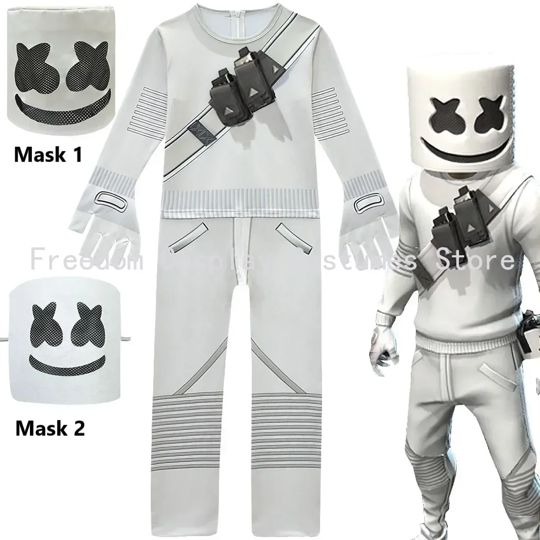 Kids Fortnites DJ Marshmello Cosplay Halloween Costume with Boys Girls 842 Jumpsuit  Carnival Party Electric Syllables Bodysuit