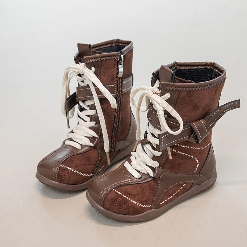 

Girls Combat Boots Fashion Children Shoes Black Suede Leather High Top Lace Up Autumn Winter Girls Ankle Boot Zipper Detail Shoe