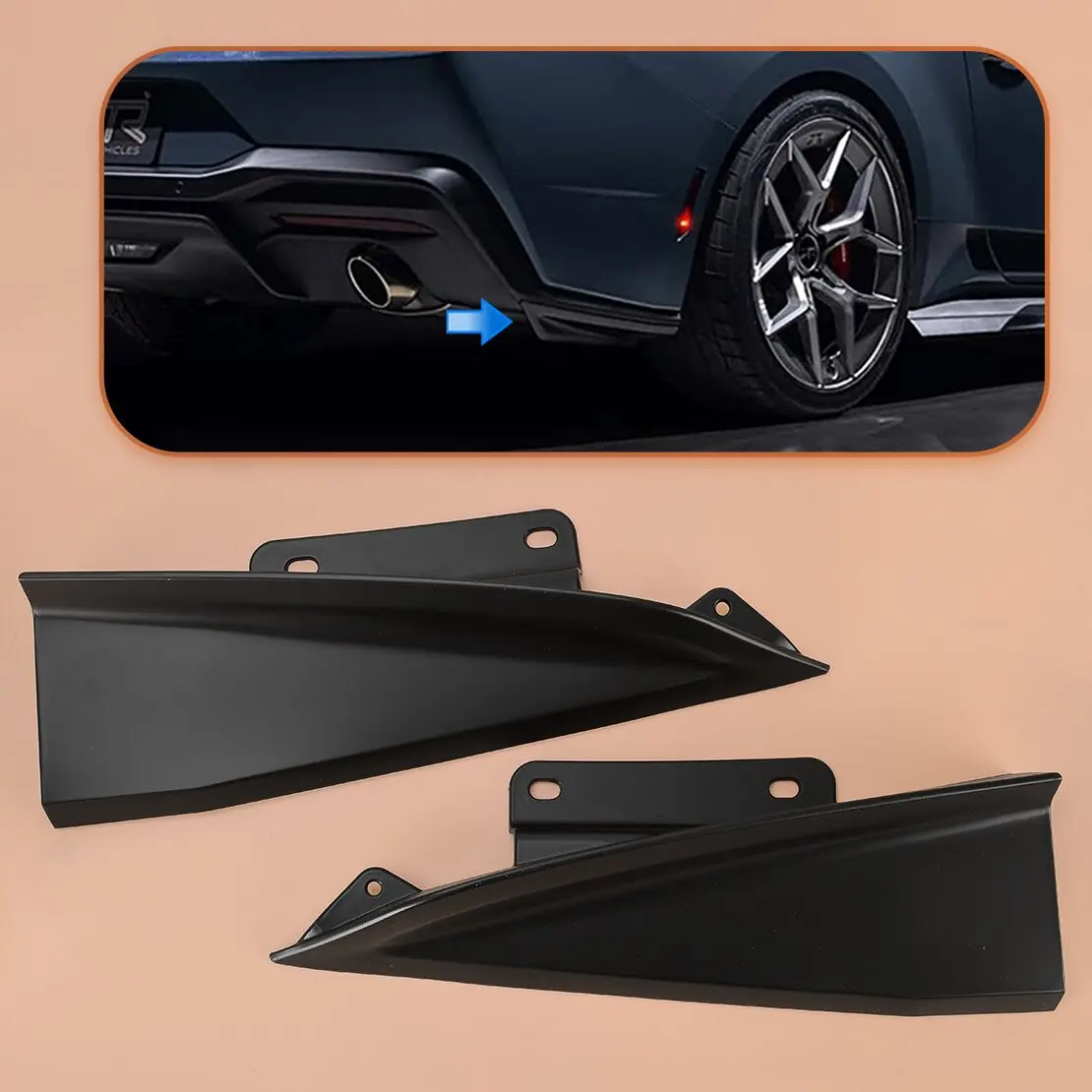 

Комплект из 2-х нижних боковых спойлеров заднего бампера для Ford Mustang S650 GT 2024-2025, черный ABS