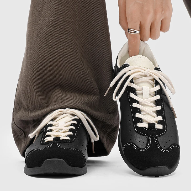 2026 High Quality Casual Retro Comfortable Shoes Tied Bicolor Pumps Round Toe Flat with Shallow Lace Up Sneakers Leather Shoes