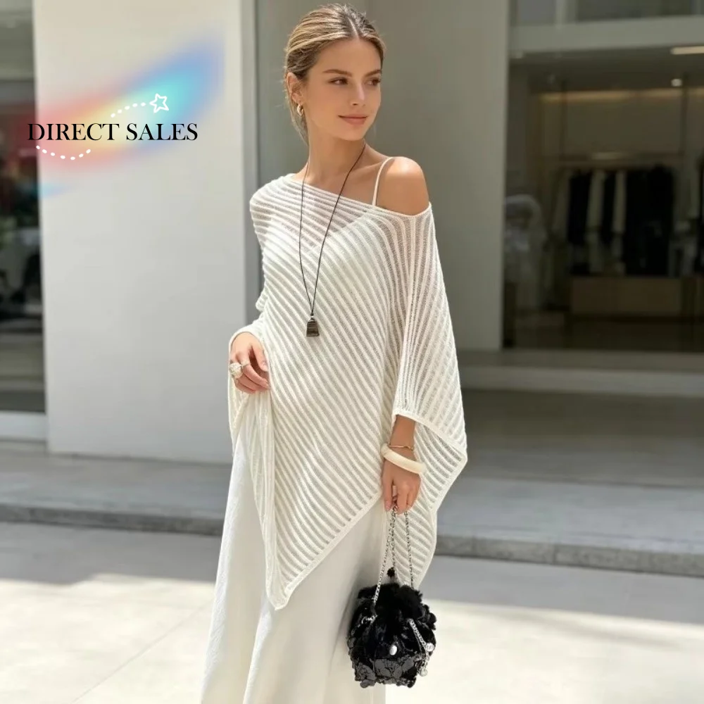 

Pullovers Stripe Patchwork Crochet Hollow Top Transparent Thin Sunscreen Cover Up Loose Irregular Beach Cloak Vacation