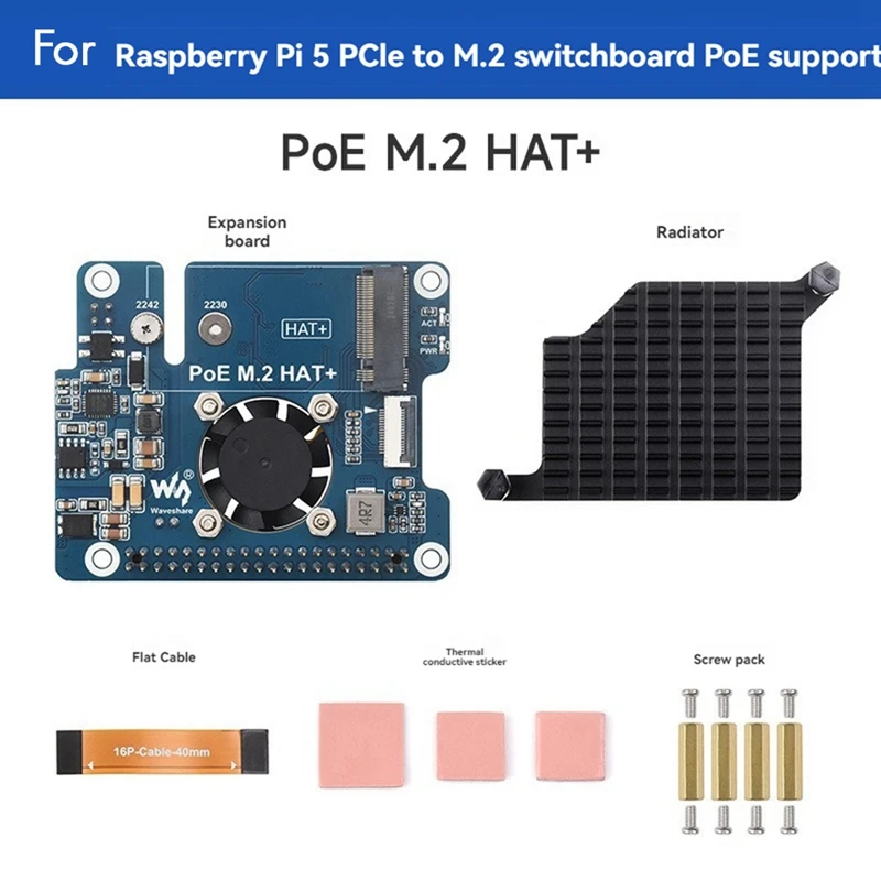 For Raspberry Pi 5 POE + Pcie To M.2 Nvme SSD Board HAT+ Pi5 2242/2230 Power Over Ethernet Support Nvme M2 Protocol