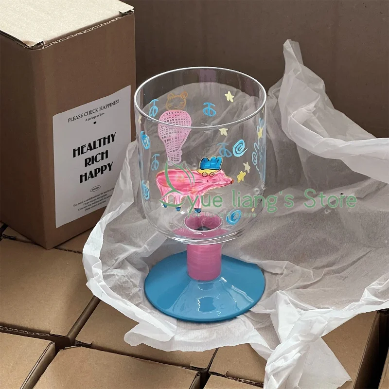 Cute Hand Drawn Graffiti Teddy Bear High Footed Glass Cup Home Use Retro Colored Juice Beverage Cup Heat-resistant Glass Cups
