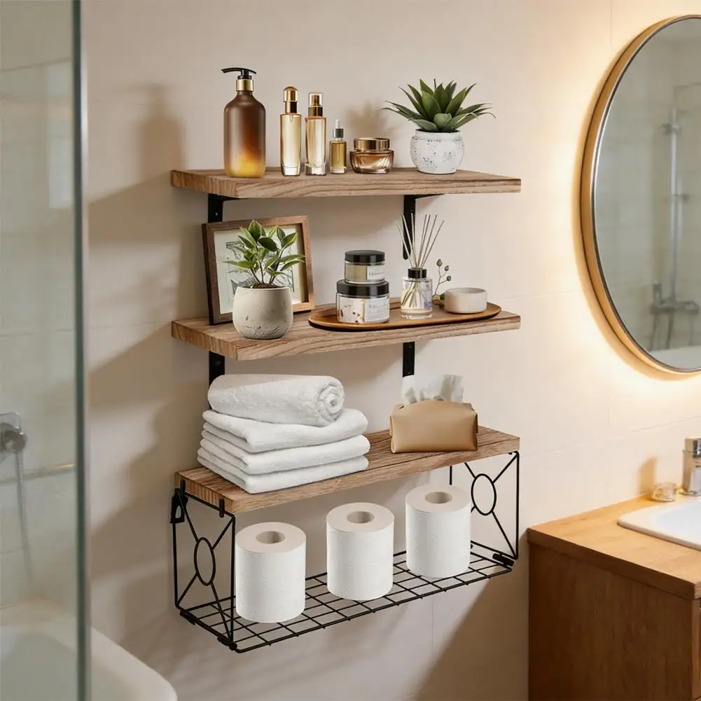 

Настенная полка в деревенском стиле из дерева с металлической корзиной над унитазом, плавающая полка-органайзер для хранения для дома