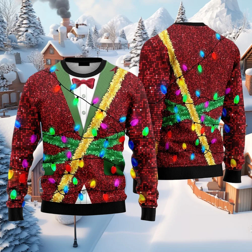 

Christmas Man Sweatshirts Fake Cardigan 3D Print New Year Party Xmas Sweatshirt Women Holiday Party Pullover O-Neck Y2k Clothes