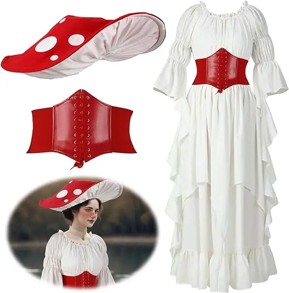 Renaissance Mushroom Medieval Costume with Hat and Cinch Belt Women Victorian Fairy Retro Dress Cosplay Halloween Role-play