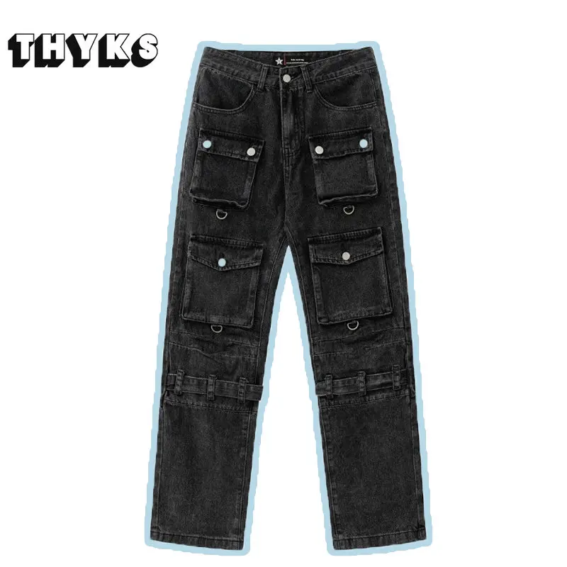 High Streeet Vibe Style Men's Jeans Multiple Pockets Ribbon Cargo Pants Women Straight Loose Wide Leg Pants Streetwear for Man