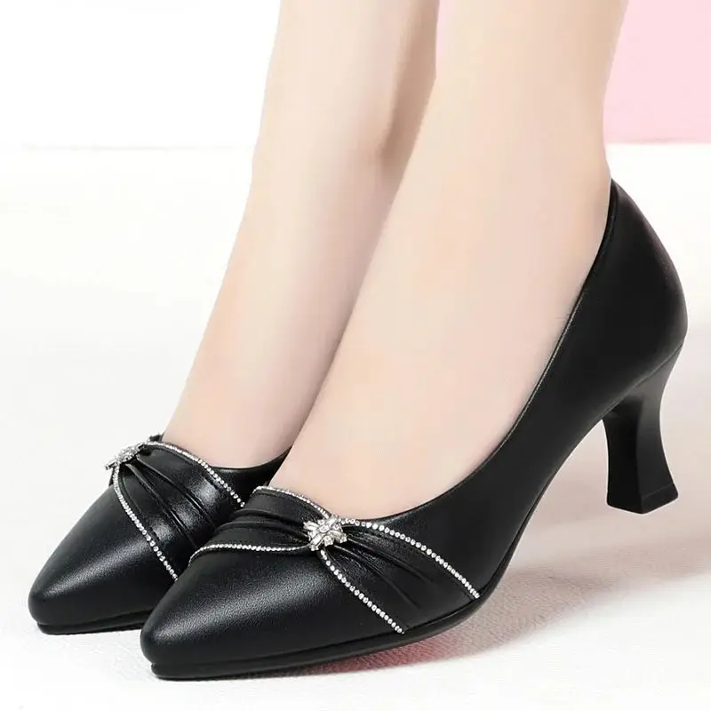 Spring Autumn New Fashion Shallow Mouth Pointed Rhinestone Work High Heels Female Comfortable Soft Leather Single Shoe