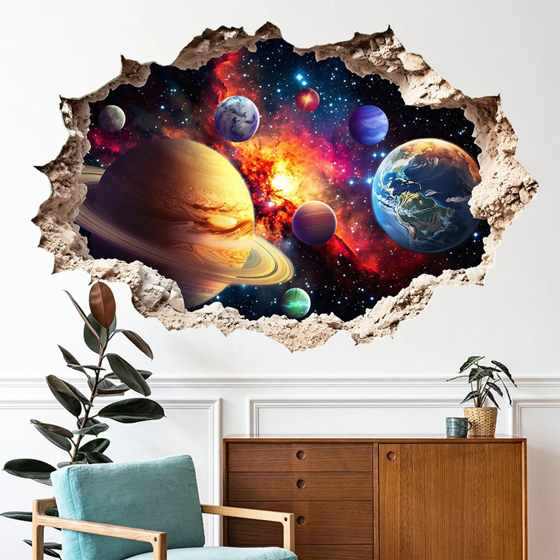 Autocollants muraux en vinyle Galaxie Lumineuse, Art mural spatial, Merveilles Cosmiques, Étoiles et Planètes, Décoration pour Salon et Chambre