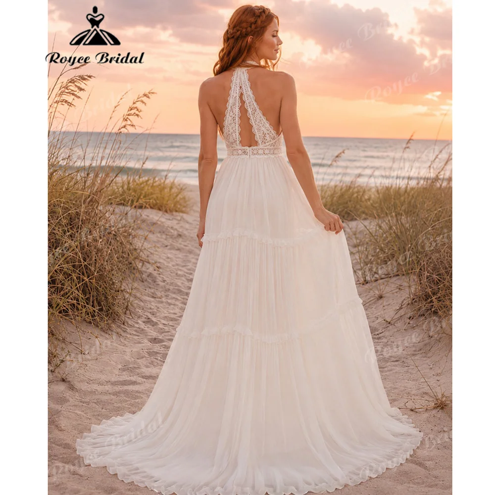 2027 Halter Deep V Lace Wedding Dress Open Back Tiered Chiffon  Boho Beach Destination Elopement Vestido De Novia Customized