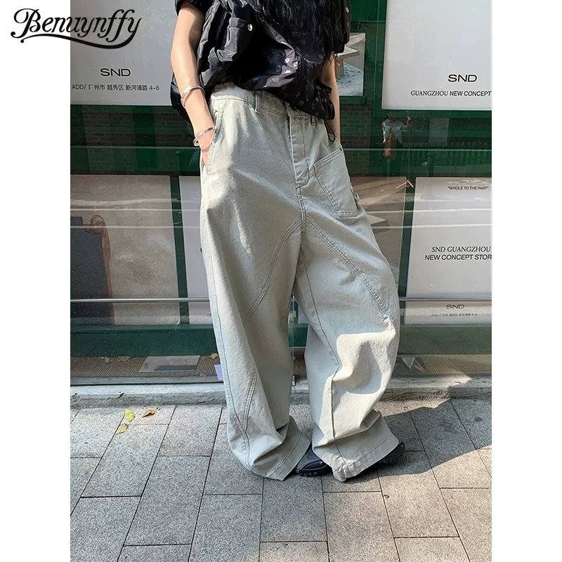 

Benuynffy Solid Color Baggy Cargo Denim Pants Women 2026 Spring Summer New Bf Style Streetwear Casual Ladies Wide Leg Trousers