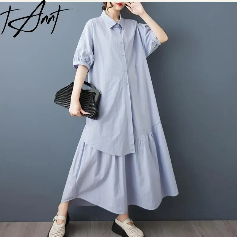 

Tannt Women Dress Asymmetrical Patchwork Fake Two-piece Long Shirts Dresses Irregular Fashion Loose V-neck Summer Long Dresses