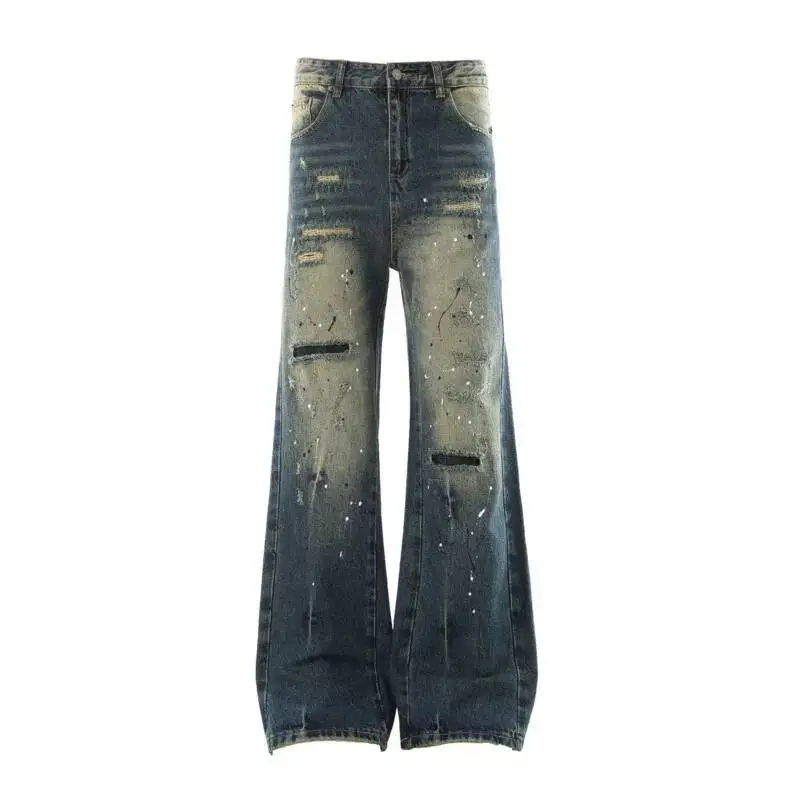 

Niche Design Men's Denim Pants Washing Dirty-dying Splash-ink Contrast Color Holes Worn-out Vintage Male Jeans Chic 9VW3K