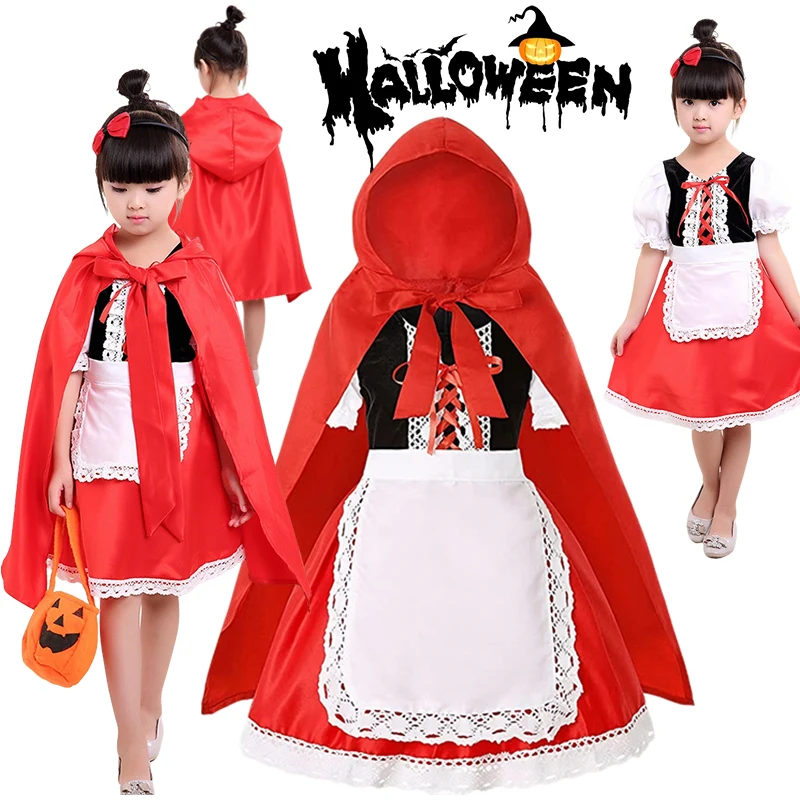 Girls Fairy‑Tale Red‑Hood Dress Set Cloak Lace Apron Short Skirt Carnival Story‑Theme Halloween Cosplay Outfit