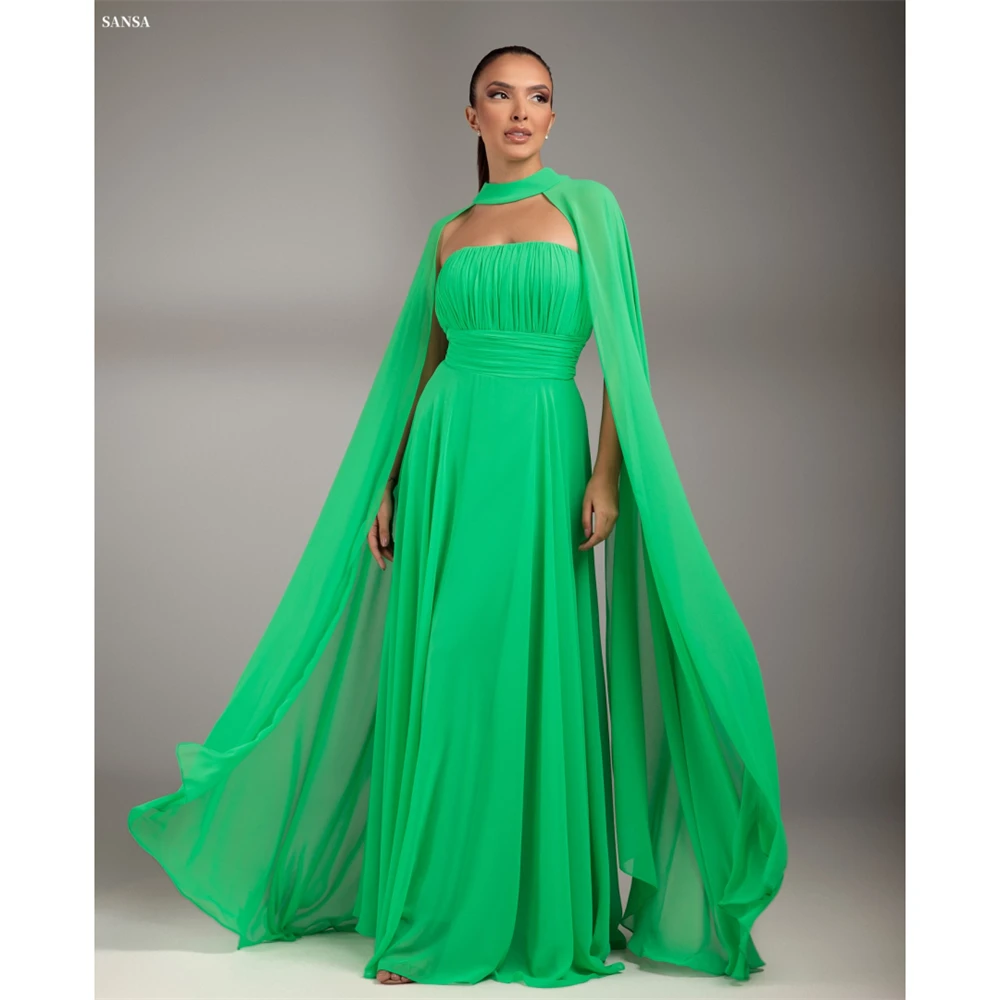 Sansa Personalizzato Verde Multistrato Pieghe A-Line Con Scialle Vestito Da Promenade Senza Spalline Abiti De Noche Pavimento-Lunghezza Serata Formale