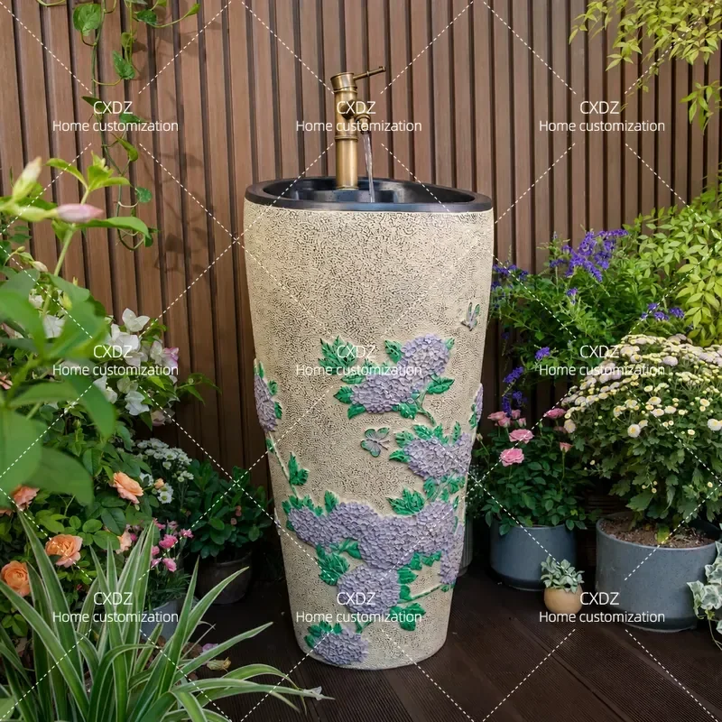 Outdoor Column Wash Basin Integrated Floor Standing Sink Imitation Stone Pedestal Basin for Courtyard Terrace Garden Bathroom