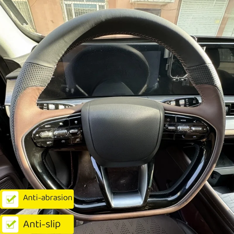 

Custom Hand-stitched Black Wear-resistant Breathable Genuine Leather Steering Wheel Cover For Chery Omoda C5 5 FX 2022 2023