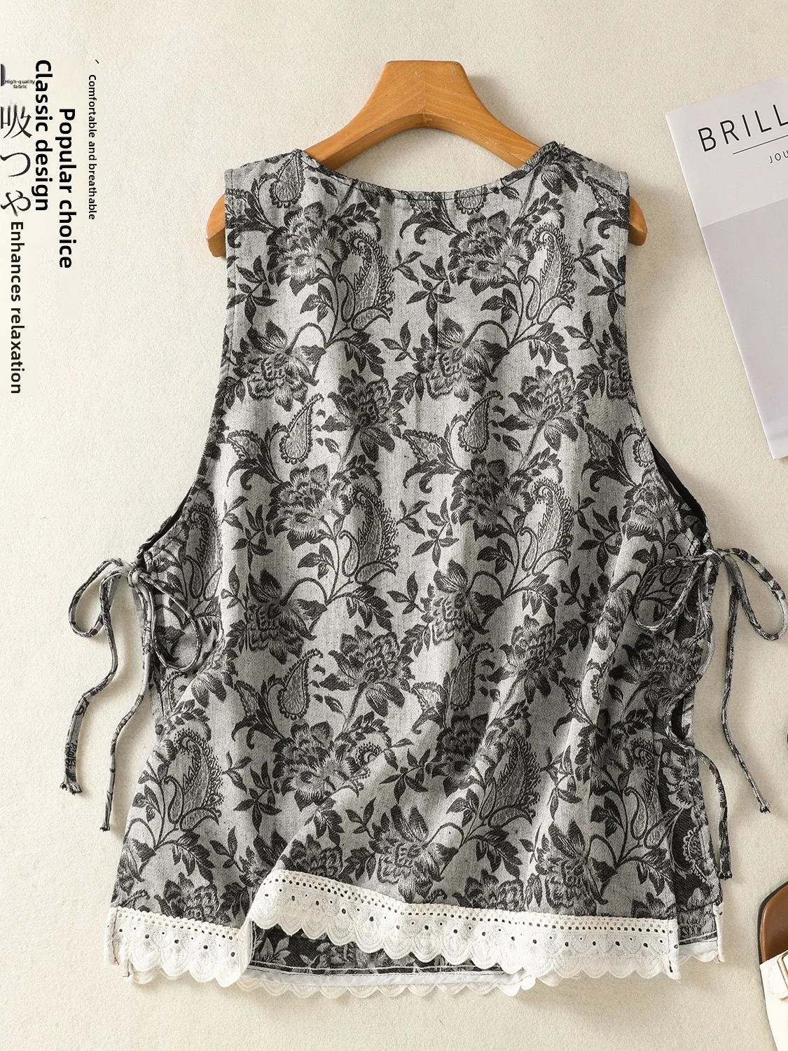 الرجعية طباعة الدانتيل المرقعة سترة كبيرة الحجم المرأة عادية مستديرة Ne Svel الجانب الشق مربوط ملابس الصيف الترفيه #2