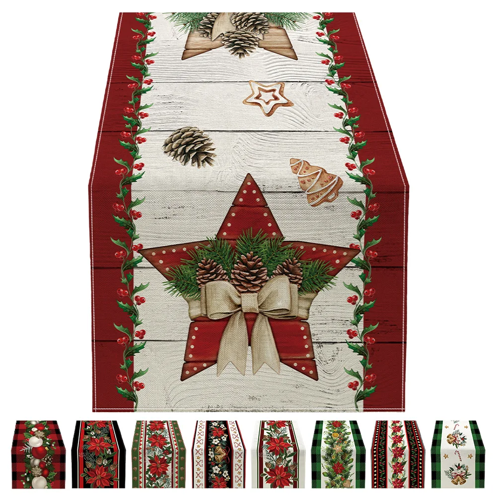 

Christmas Table Runner Ornament Waterproof Non Fading Linen Fabric Table Cover For 4-6 People Table New Christmas Table Runner