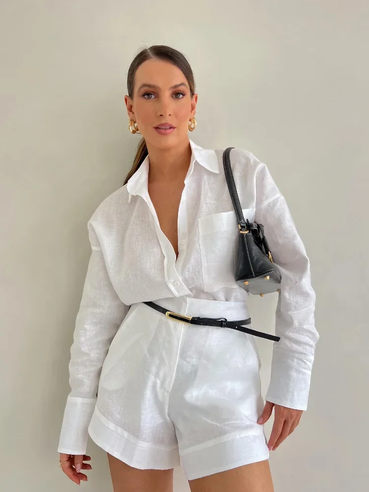 Women White Cotton Linen Single Breasted Shirt High Waist Shorts Suit Chic Breathable 2 Pieces Set 2025 Pring Lady Outfits