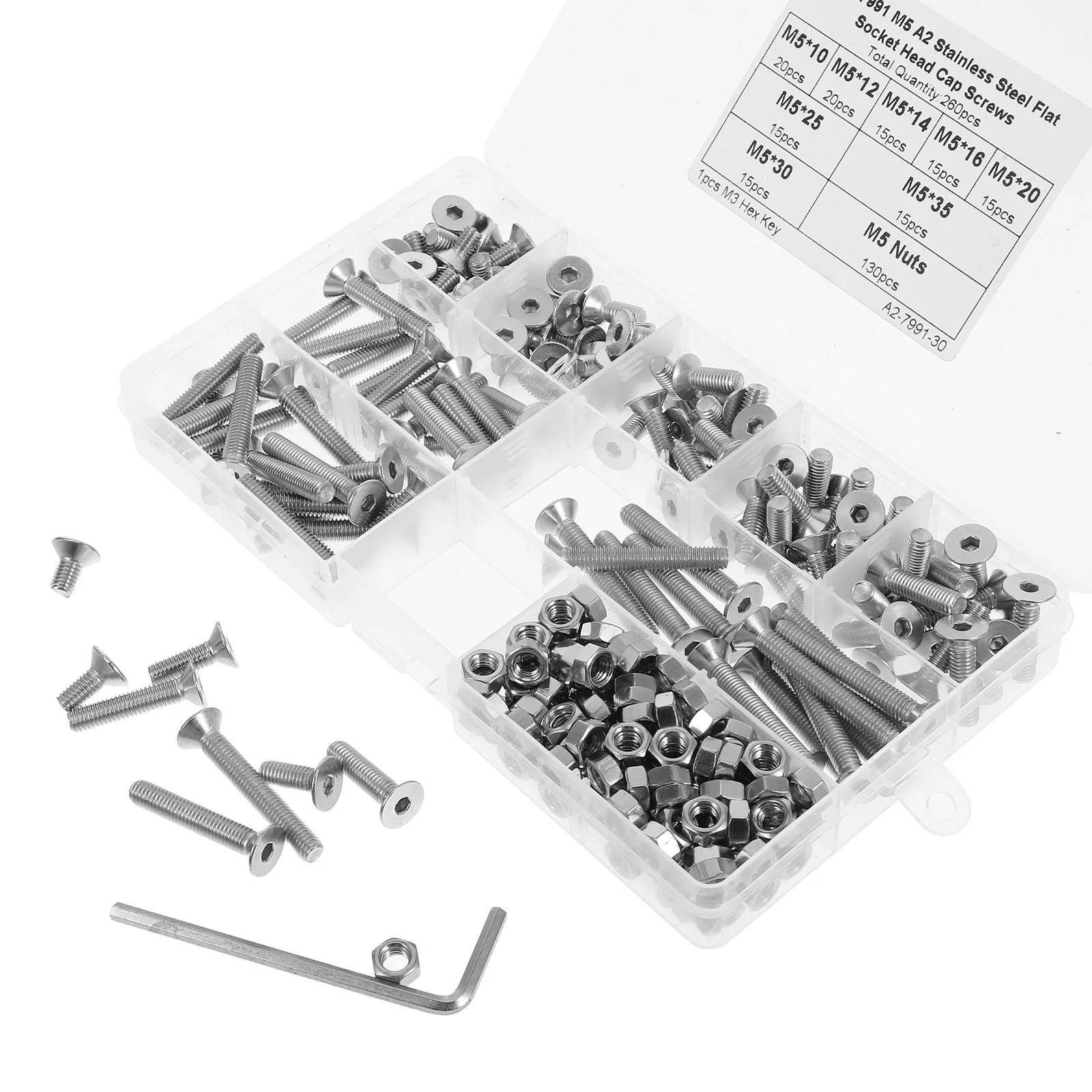 260Pcs Countersunk Bolt Nut Washer Set Hex Socket Metric Carbon Steel Screws Hardware Kit for Repair Assembly Hardware Washers