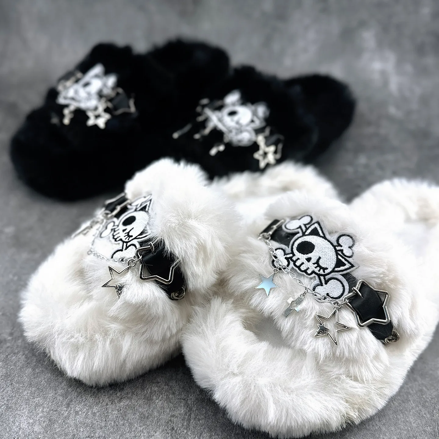 Cartoon Cat Ear Skull Gothic Style Y2K Sweet Cool Flat Bottom One-Word Support Millennium Spice Girls  Winter Fluffy Slippers